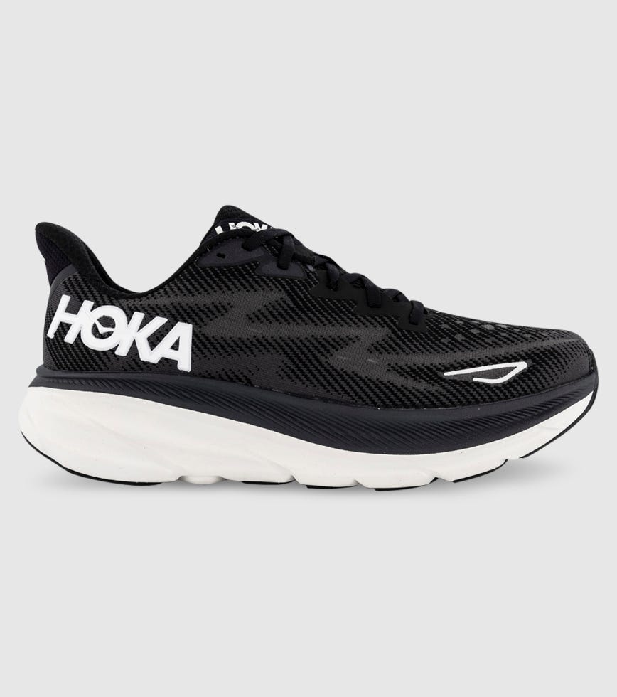 HOKA CLIFTON 9 (2E WIDE) MENS BLACK WHITE | The Athlete's Foot