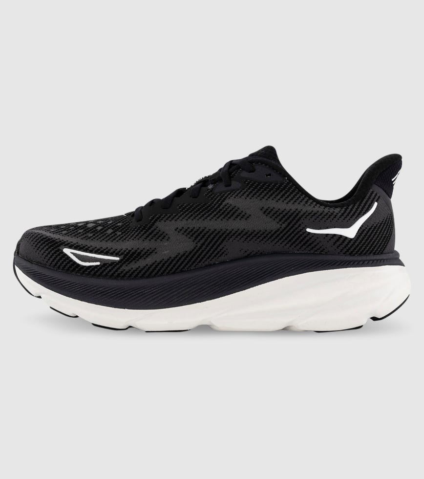 HOKA CLIFTON 9 (2E WIDE) MENS BLACK WHITE | The Athlete's Foot