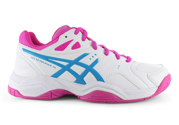 ASICS GEL NETBURNER 18 GS KIDS WHITE ISLAND BLUE White Girls Netball Shoes