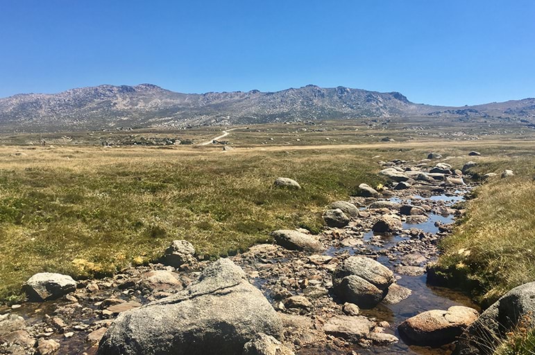 a landscape view of a creek and mountains