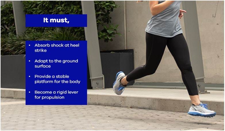 woman running with shoe information