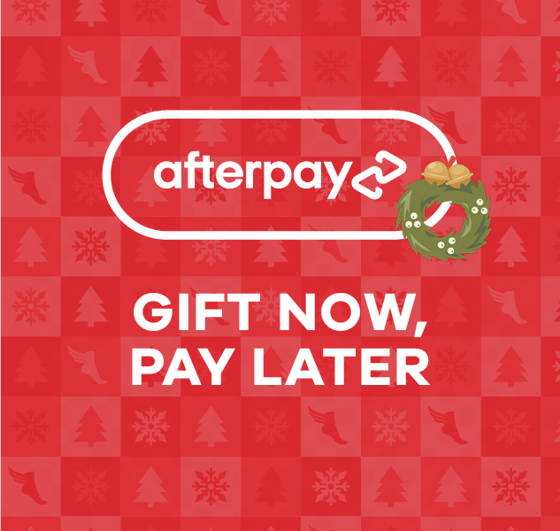 red banner says AFTERPAY, Gift Now Pay Later with Christmas wreath
