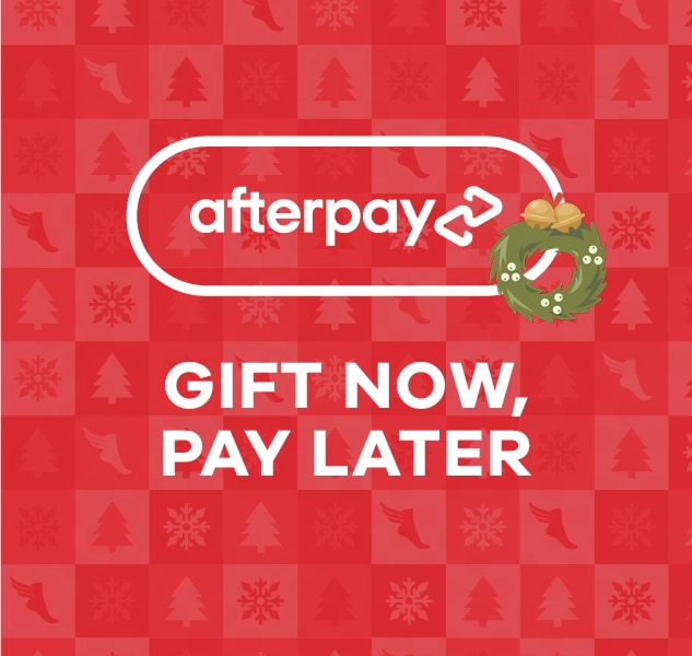 red banner says AFTERPAY, Gift Now Pay Later with Christmas wreath