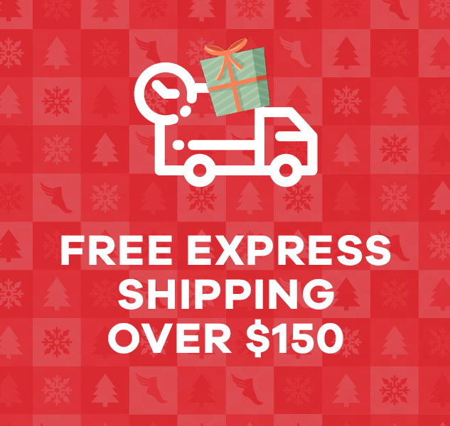 red banner with picture of cartoon truck with Christmas present, says Free Express Shipping Over $150