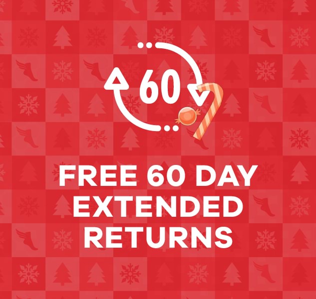 red banner with candy cane & bauble, says Free 60 Day Extended Returns